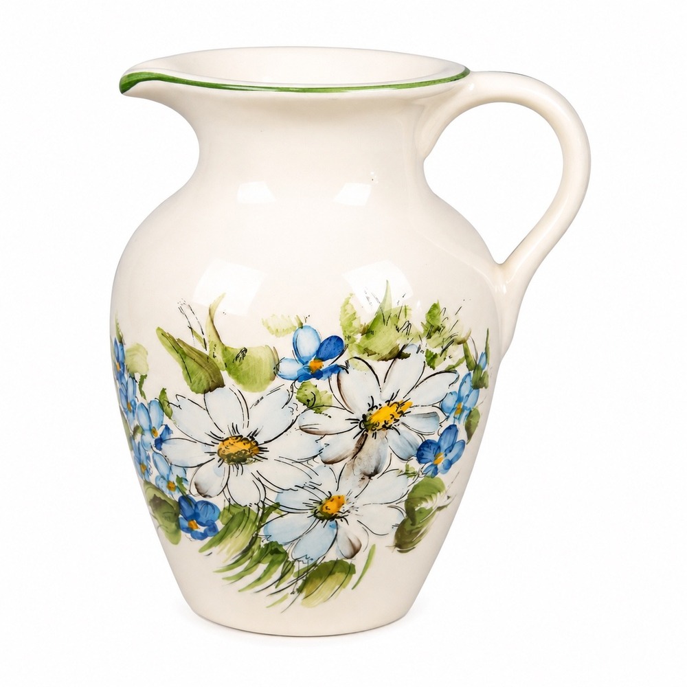 Vintage 1980 FTDA Weiss Hand Painted Floral Ceramic Pitcher Made in Brazil